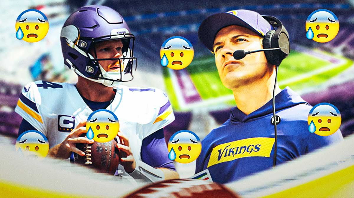 Sam Darnold and Kevin O'Connell in Vikings gear with stressed out/sweating emojis around them