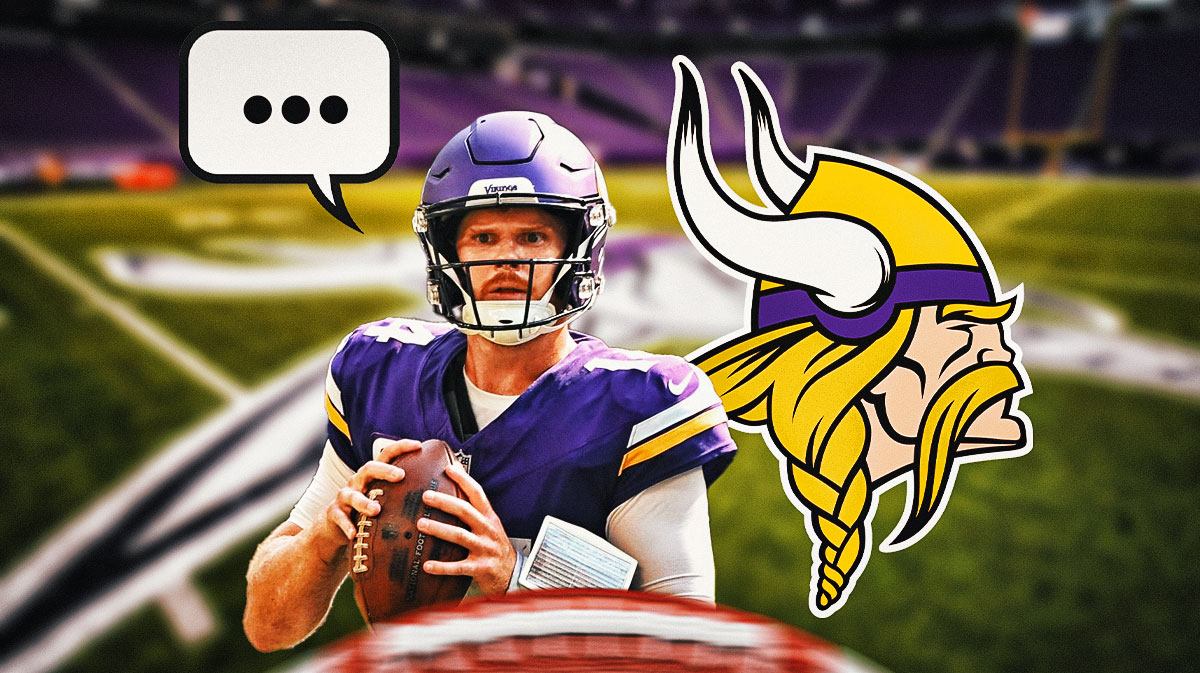 Minnesota Vikings QB Sam Darnold with a speech bubble that has the three dots emoji inside. There is also a logo for the Minnesota Vikings.