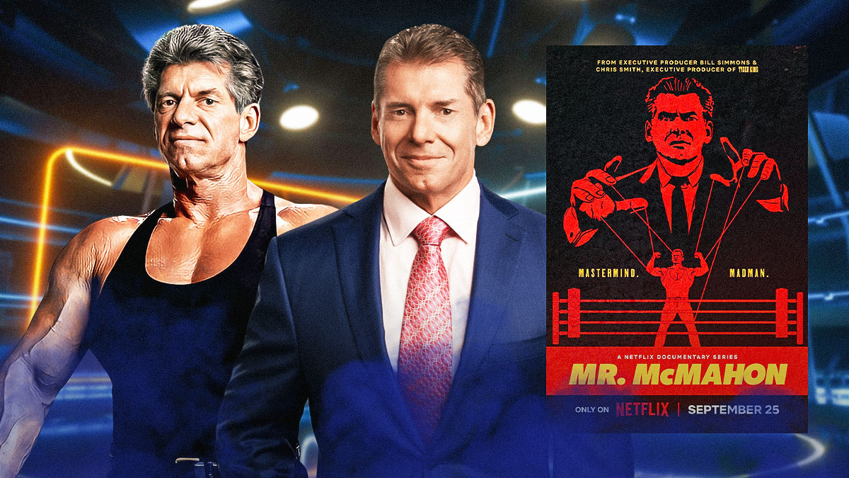 Vince McMahon in his wrestling gear next to vince mcmahon in a suit with the Mr. McMahon Nexflix poster as the background.