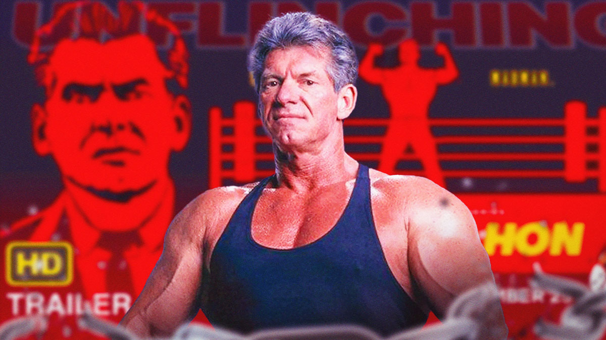 Vince McMahon in front of the Mr. McMahon Netflix documentary graphic