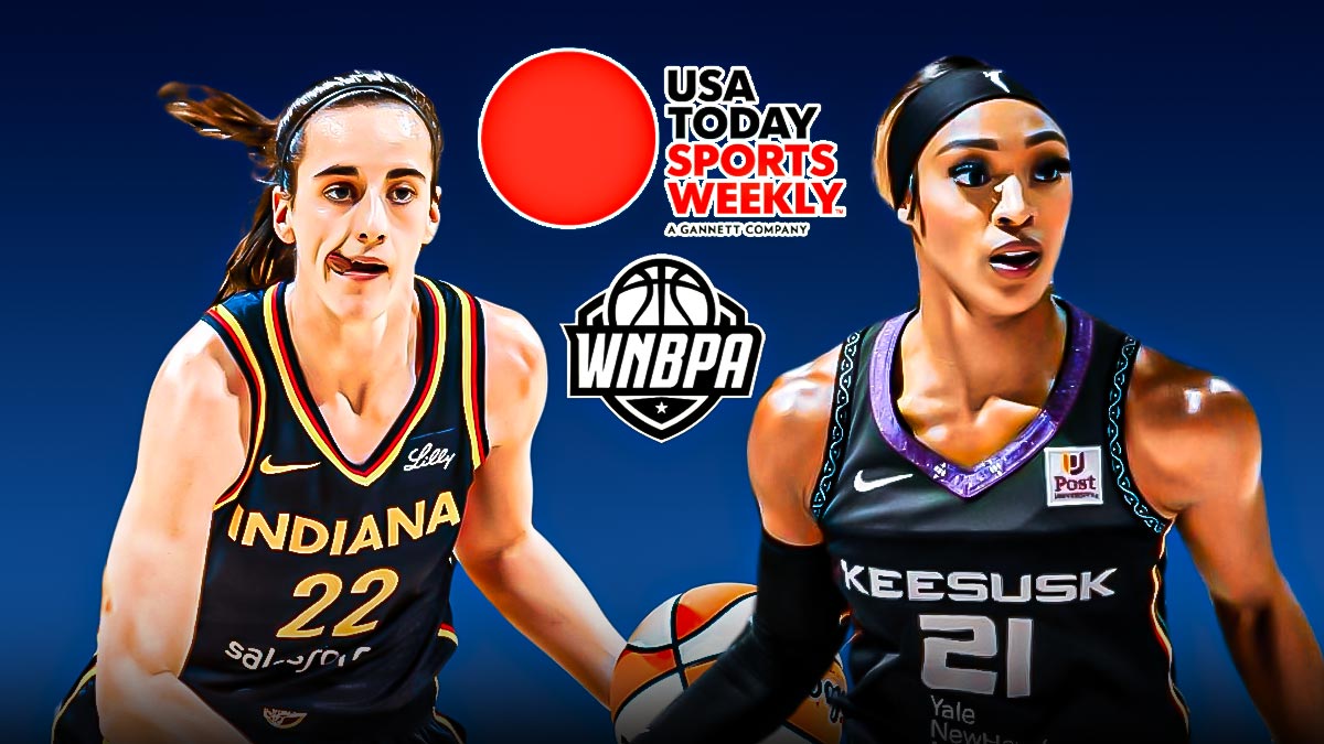 Indiana Fever guard Caitlin Clark and Connecticut Sun guard DiJonai Carrington, with the WNBA Players Association logo, and the USA Today Sports logo next to them.