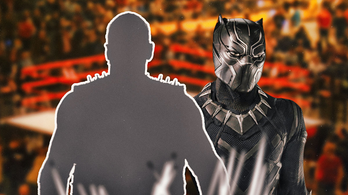 WWE star Damian Priest as silhouette with ring in background and T'Challa from Black Panther 2.
