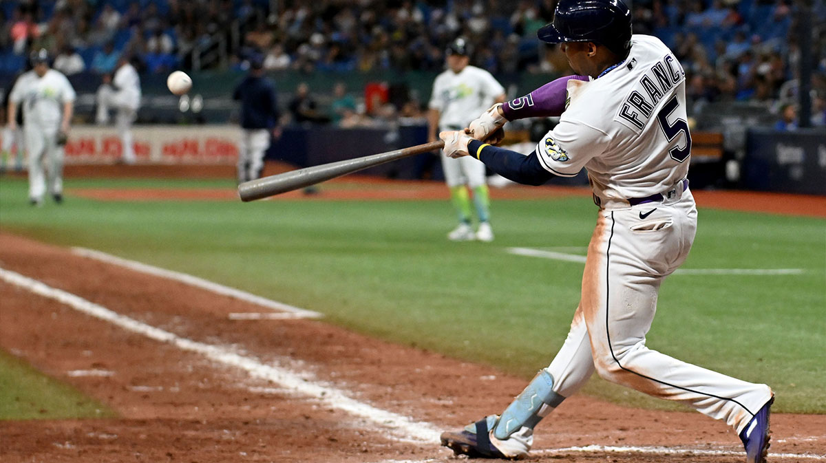 Tampa Bay Rays shortstop Wander Franco (5) hits a walk off home run in the ninth inning against the Cleveland Guardians at Tropicana Field.