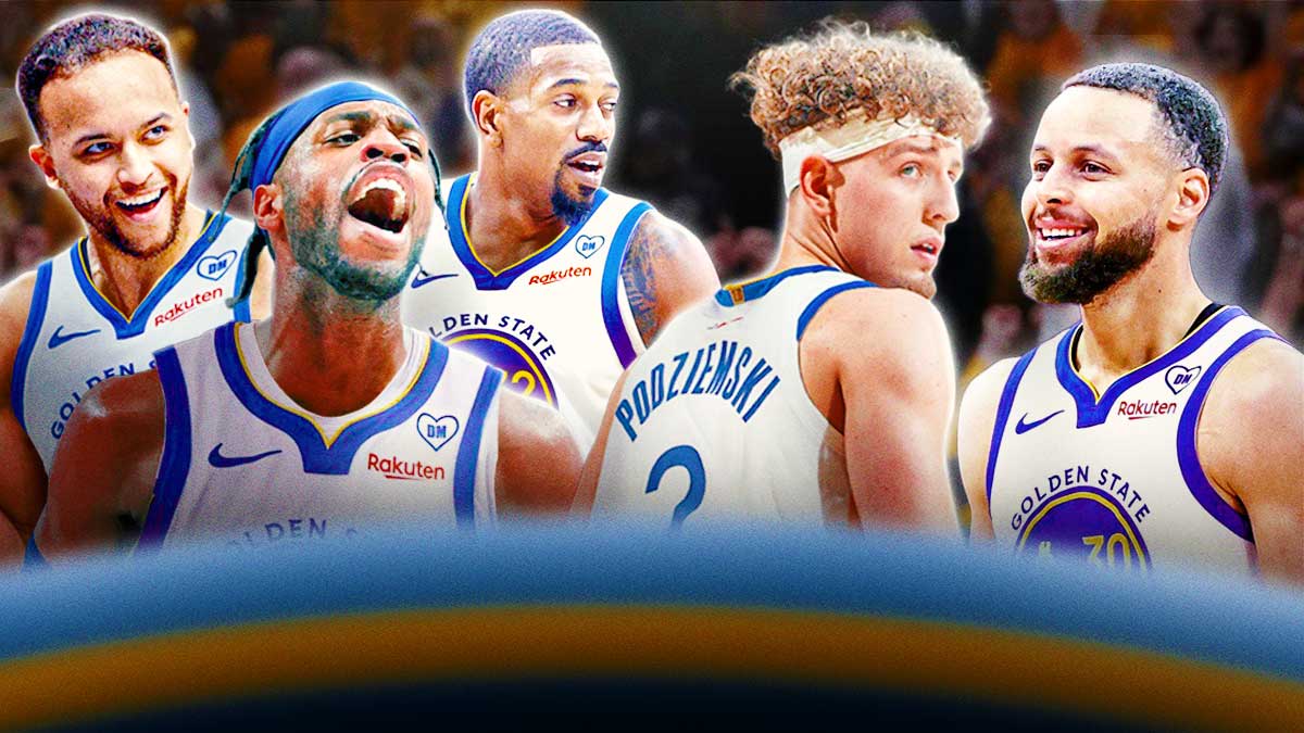 Warriors' Brandin Podziemski with Stephen Curry, Buddy Hield, De'Anthony Melton, and Kyle Anderson