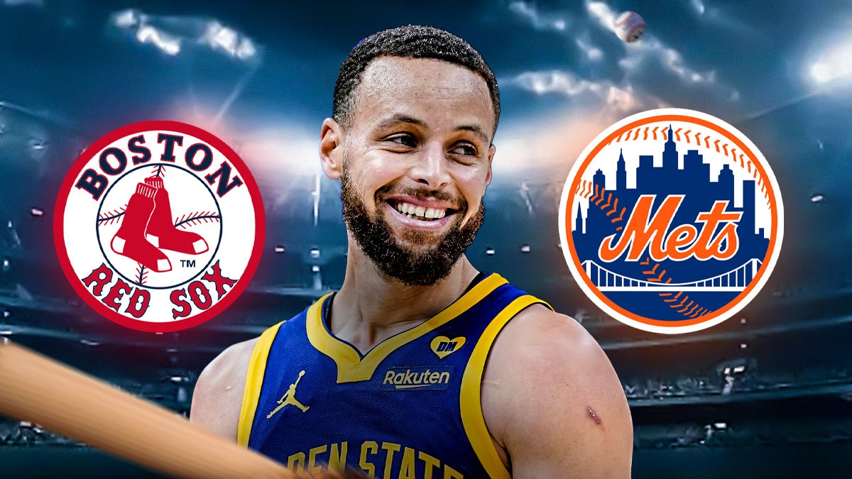 Stephen Curry between Red Sox and Mets logo