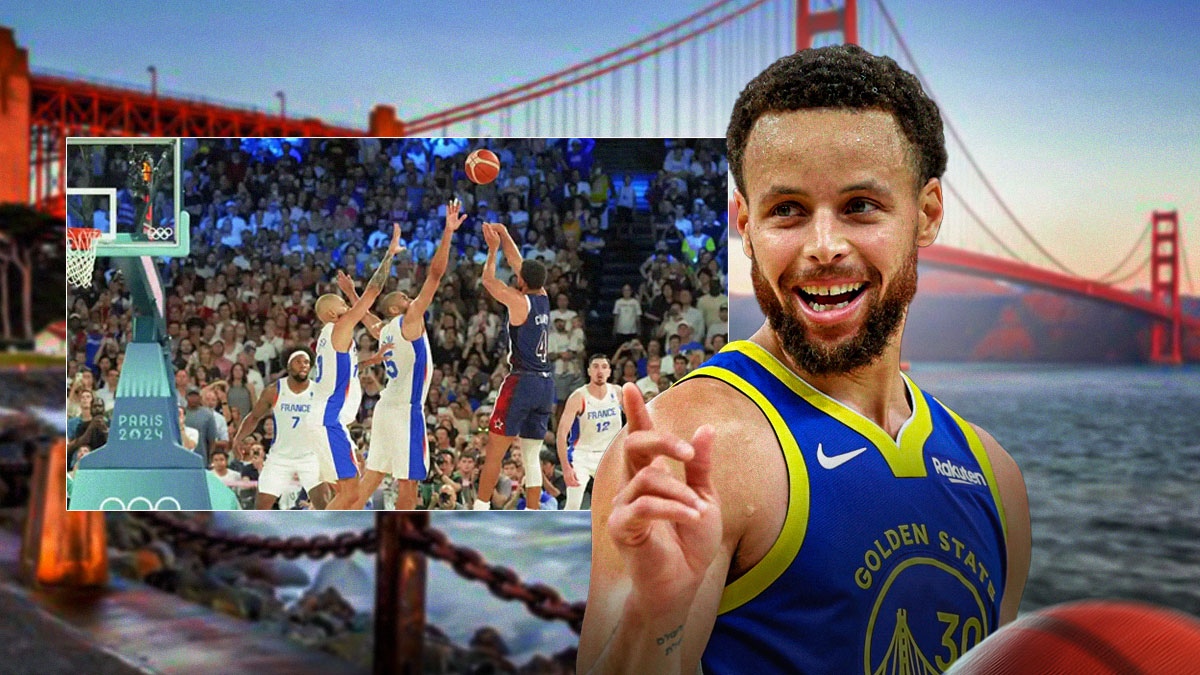 Steph Curry talking while looking at iconic Olympics moment