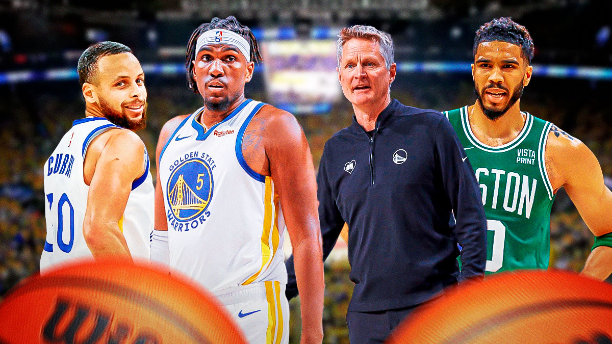 Stephen Curry and Kevon Looney in a Warriors jersey, Steve Kerr in coaching gear, and Jayson Tatum.