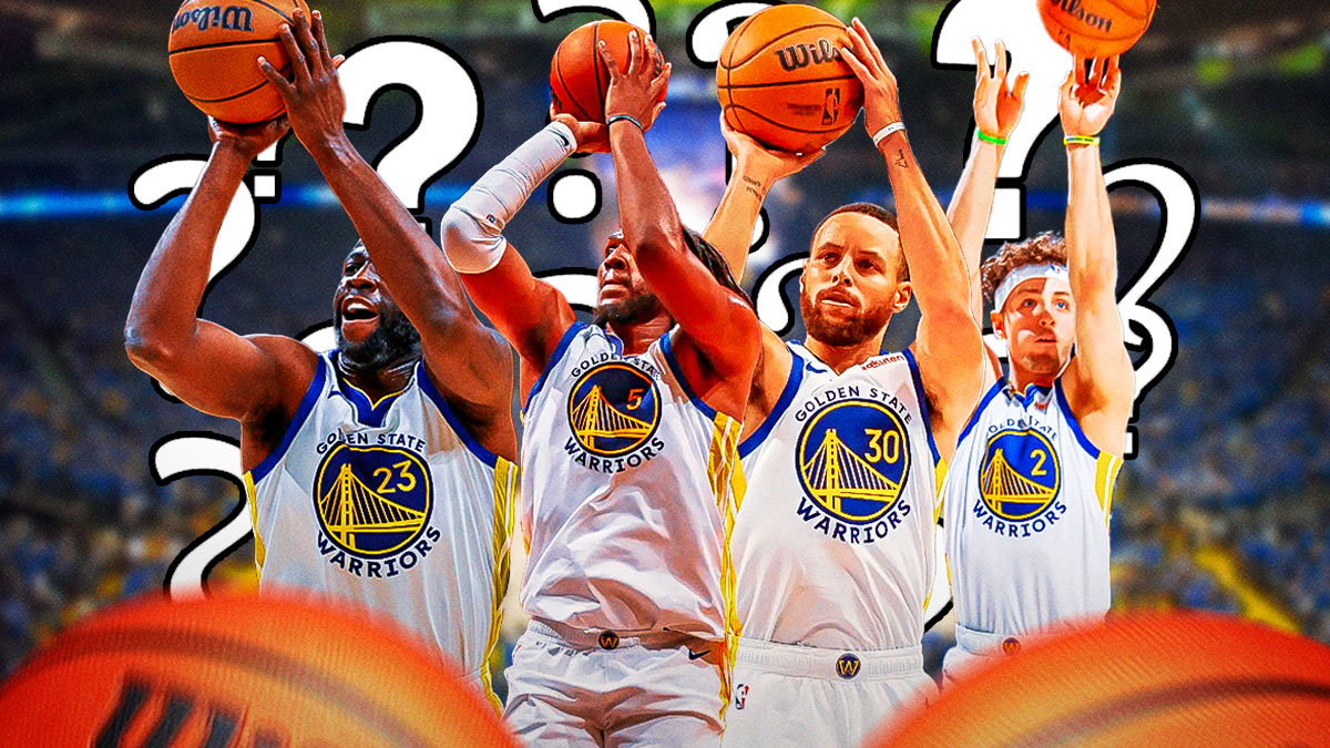 Warriors Stephen Curry, Warriors Draymond Green, Warriors Brandin Podziemski and Warriors Kevon Looney all shooting basketballs. Have Looney in front. Question marks everywhere.