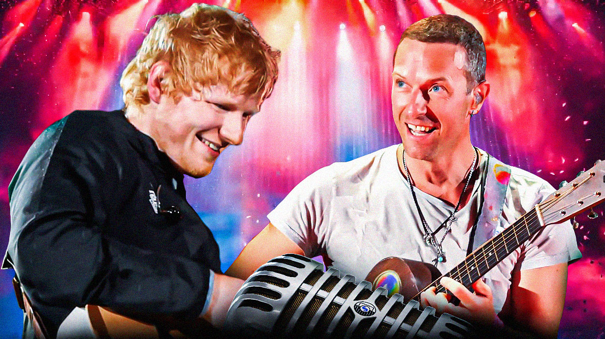 Ed Sheeran and Coldplay singer Chris Martin, who performed together at the 2024 Global Citizen Festival, with concert crowd background.