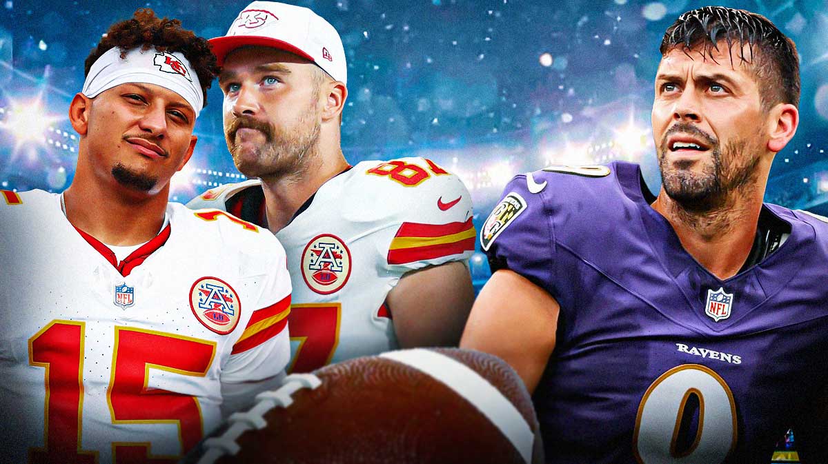 Justin Tucker, Patrick Mahomes, and Travis Kelce all side by side, featuring a Ravens-themed bg.