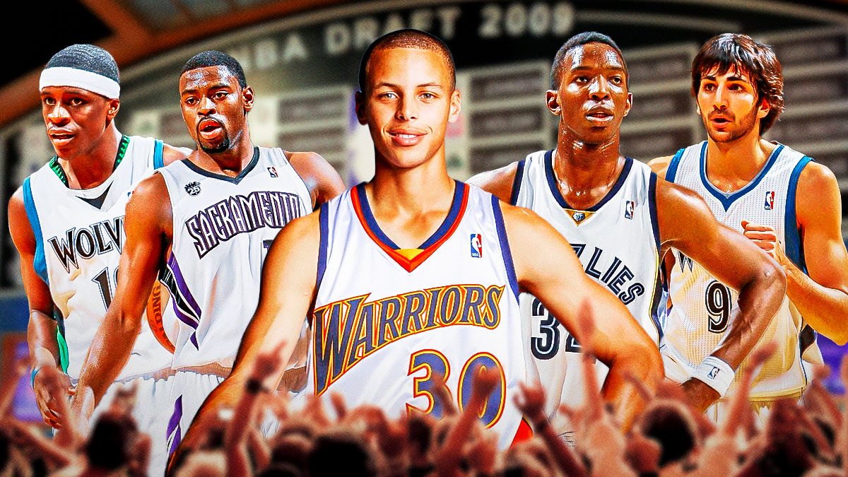 Young Stephen Curry in a Warriors jersey in the middle with Hasheem Thabeet (Memphis Grizzlies), Tyreke Evans (Sacramento Kings), Ricky Rubio (Minnesota Timberwolves), and Jonny Flynn (Minnesota Timberwolves) around him in action with a 2009 nba draft background