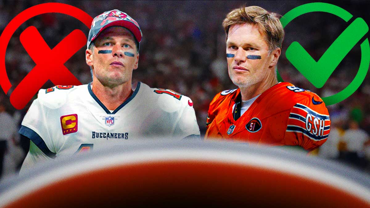One side of the graphic is Tom Brady in Buccaneers jersey but with a big red X over the top of him. The other side of the graphic is Brady in a Bears jersey with a green check mark.