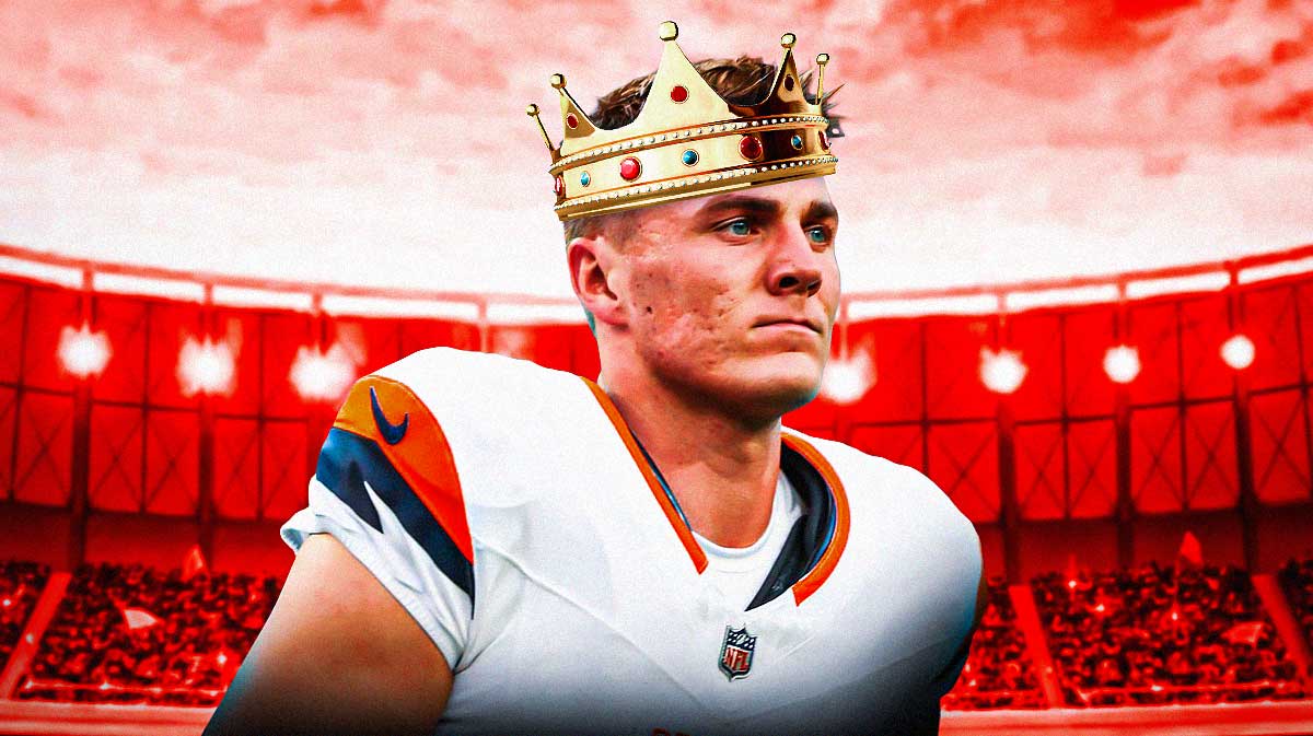 Bo Nix wearing a crown featuring a Denver Broncos themed bg.