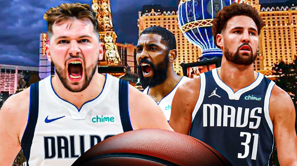 Mavericks Luka Doncic, Mavericks Kyrie Irving and Mavericks Klay Thompson all in front. Place the city of Las Vegas in background.