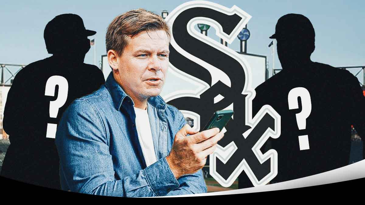 Chicago White Sox logo center left, Chicago White Sox general manager Chris Getz talking on phone center right, player silhouettes with question marks on left and right sides, Guaranteed Rate Field (home stadium of the Chicago White Sox) in background