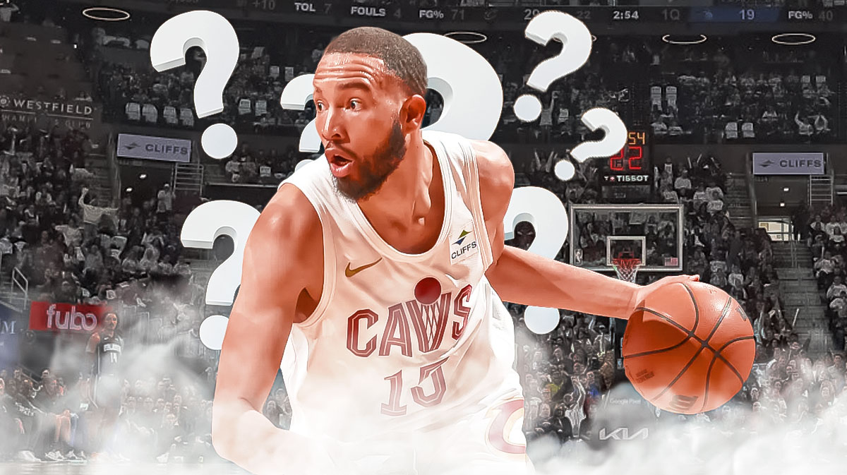 Isaiah Mobley surrounded by question marks featuring a Cavs-themed BG.