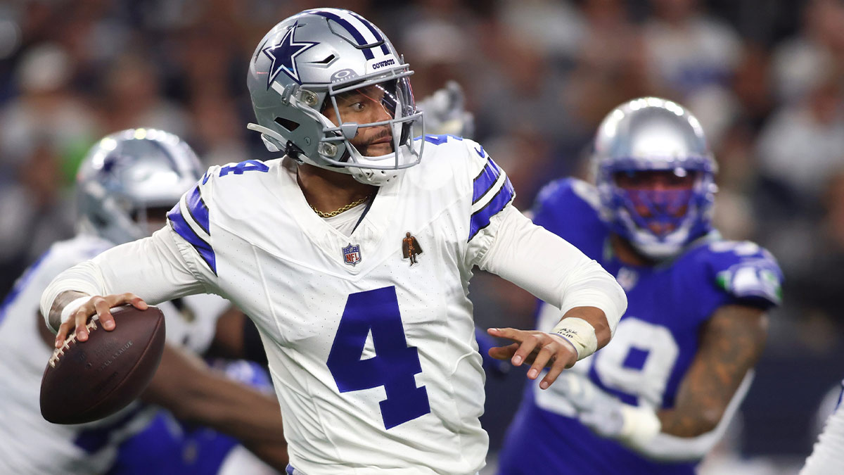 Dallas Cowboys quarterback Dak Prescott (4) throws a pass against the Seattle Seahawks during the second half at AT&T Stadium.