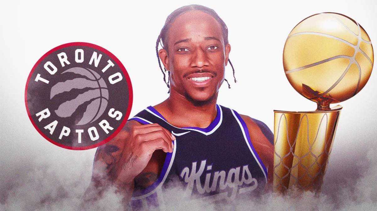 DeMar DeRozan between the Toronto Raptors logo and the Larry O'Brien trophy