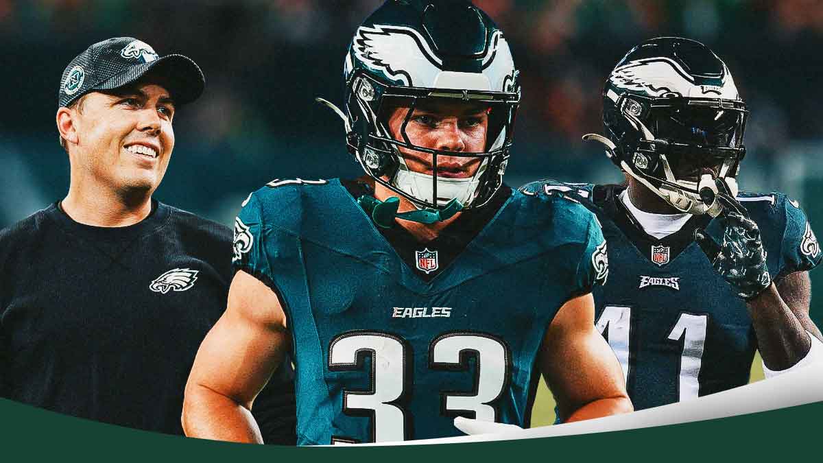 Kellen Moore, Cooper DeJean, and AJ Brown in front of Lincoln Financial Field