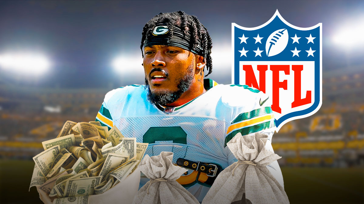 Packers running back Josh Jacobs looking angry with money bag next to him and the NFL logo