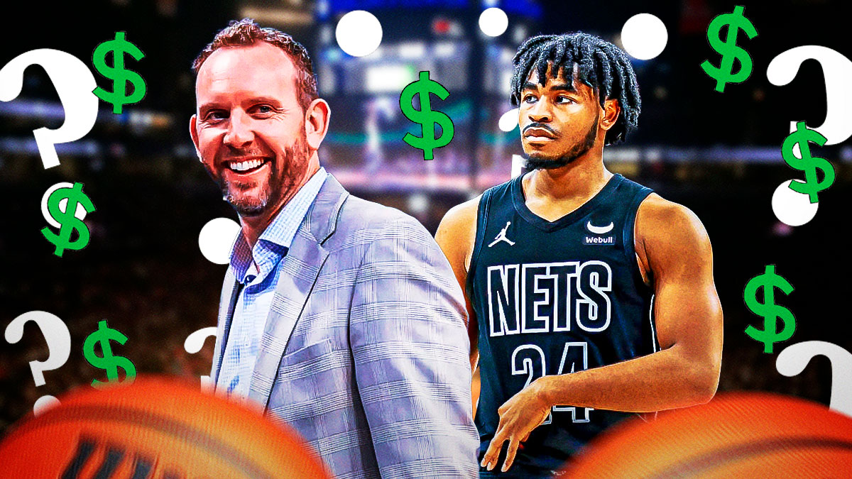 Cam Thomas and Sean Marks with question marks and dollar signs.