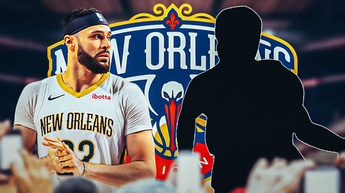 Larry Nance Jr. and a player silhouette with the Pelicans logo as the background.