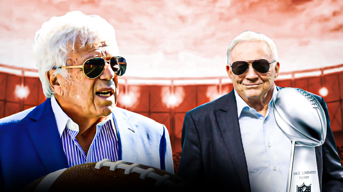 New England Patriots owner Robert Kraft looking mad while looking at Dallas Cowboys owner Jerry Jones holding a Hall-of-Fame trophy.