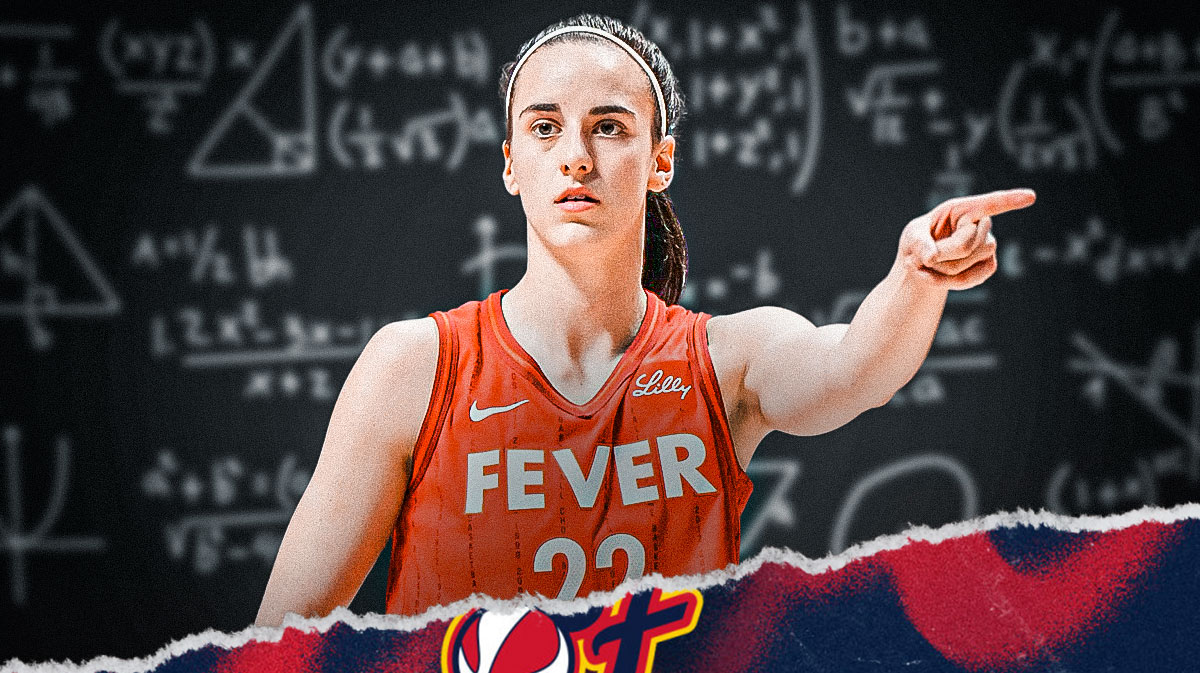 Fever's Caitlin Clark surrounded by numbers/equations/math