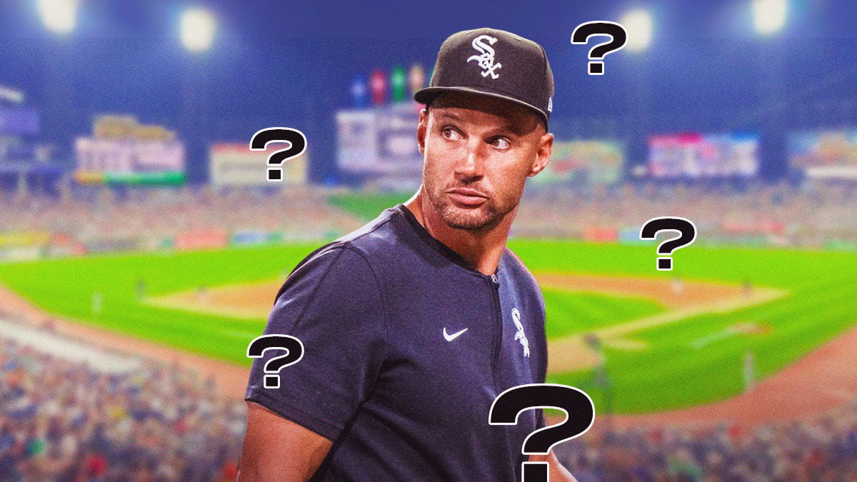 interim manager Grady Sizemore in a Chicago White Sox uniform looking unhappy with little question marks surrounding him as Sizemore could get the full time manager role for the White Sox.