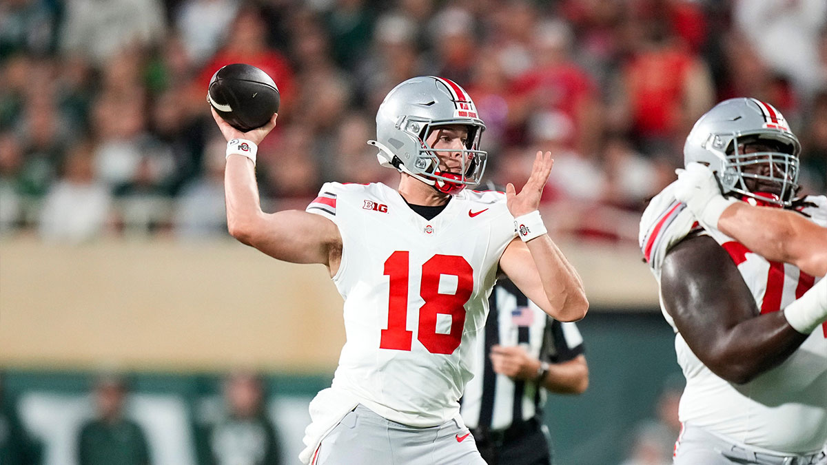 Sep 28, 2024; East Lansing, Michigan, USA; Ohio State Buckeyes quarterback Will Howard (18) makes a pass against the Michigan State Spartans in the first half at Spartan Stadium on Saturday.