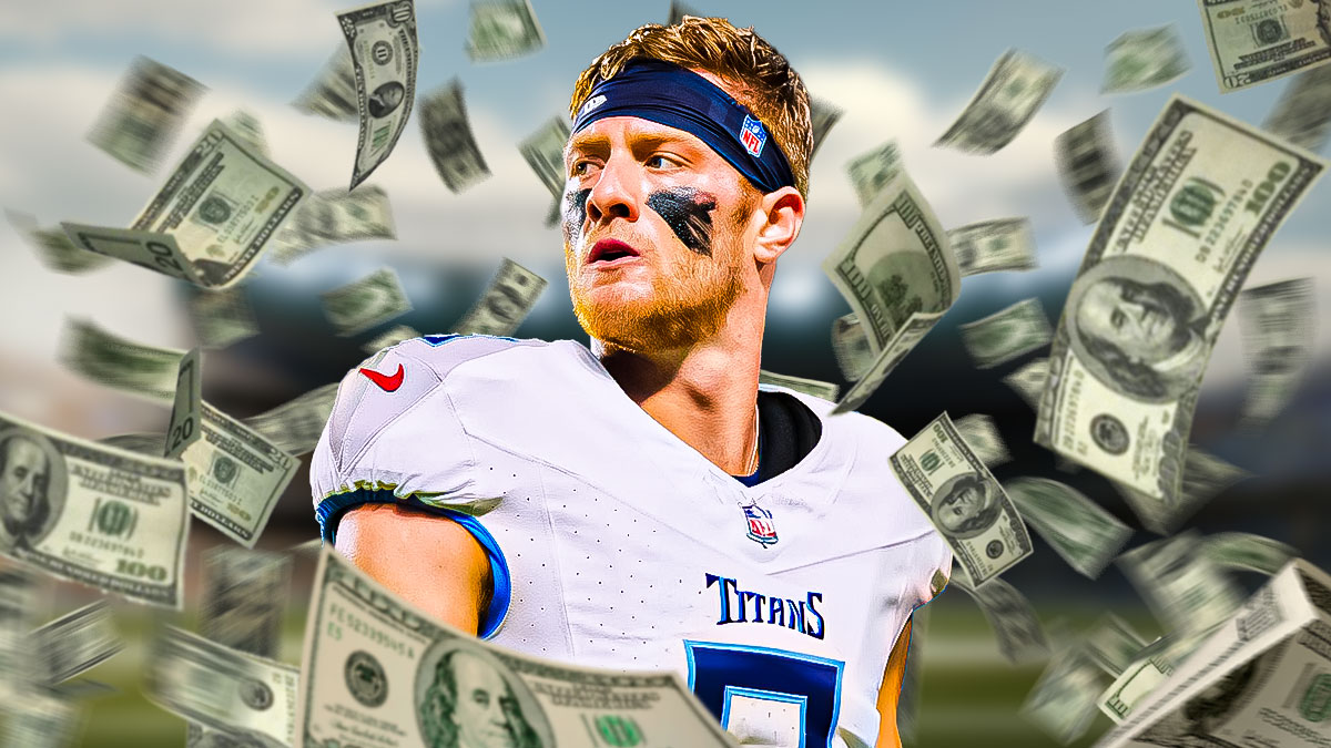 Will Levis surrounded by flying cash.