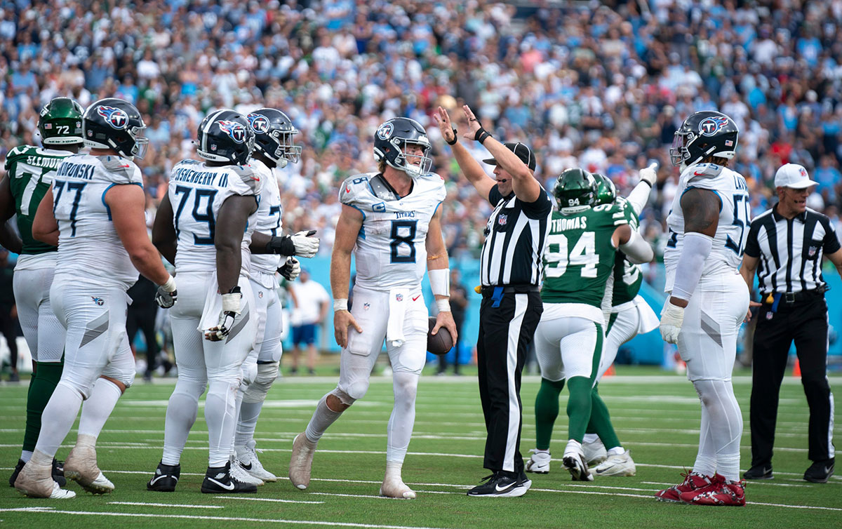 Tennessee Titans quarterback Will Levis (8) looks to his bench in frustration after being sacked on a third down play late in the fourth quarter during their game against the New York Jets at Nissan Stadium in Nashville, Tenn., Sunday, Sept. 15, 2024. The Titans had one more play to make a touchdown, but Levis couldn't connect with his receiver. The Titans lost to the Jets 24-17,