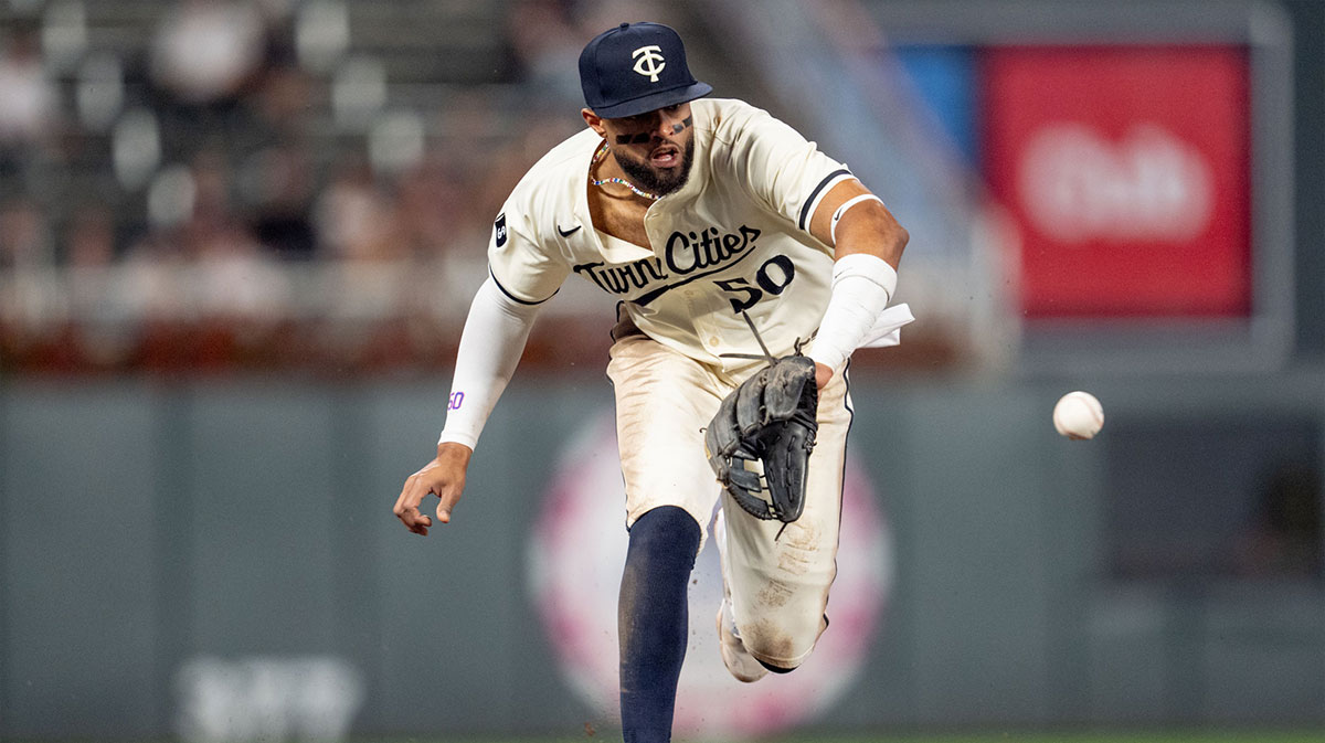 Minnesota Twins second base Willi Castro (50) fields the ball and throws out Miami Marlins second base Otto Lopez (61) in the sixth inning at Target Field.