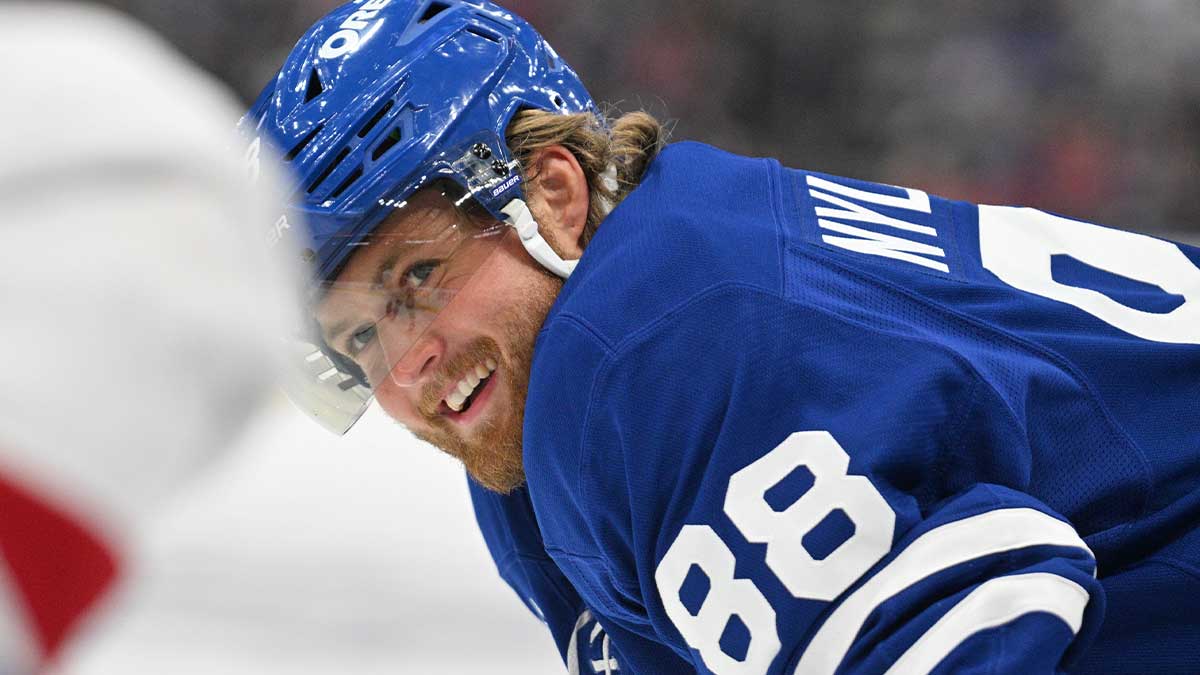 Toronto Maple Leafs forward William Nylander (88) reacts to a remark from a Montreal Canadiens player as they await a faceoff in the first period at Scotiabank Arena.