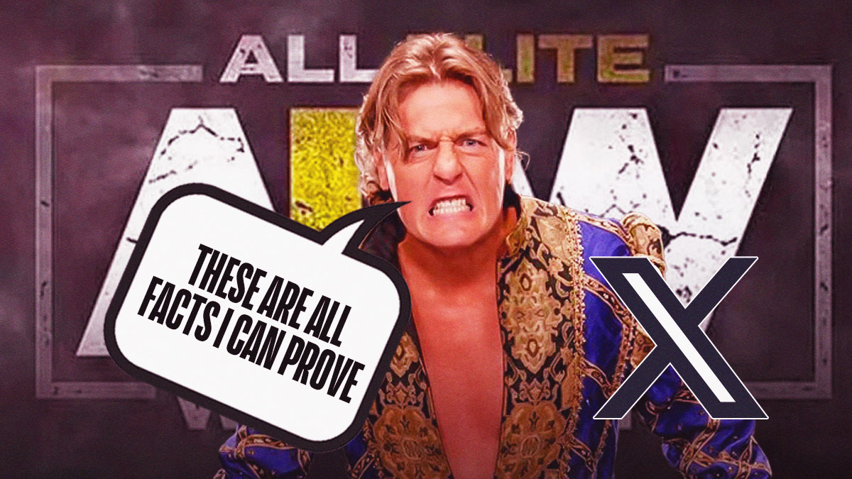 William Regal with a text bubble reading "These are all facts I can prove" next to the X logo with the AEW logo as the background.
