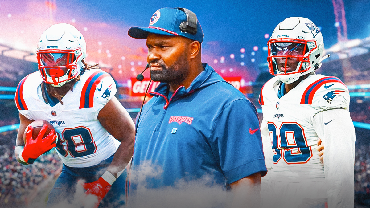 Jerod Mayo in Patriots coaching uniform Rhamondre Stevenson in Patriots jersey Keion White in Patriots jersey
