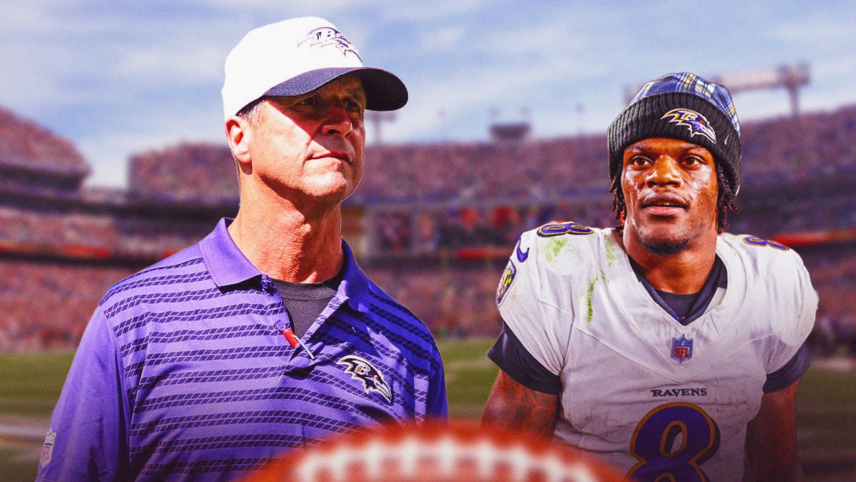 John Harbaugh and Lamar Jackson in Ravens gear looking concerned