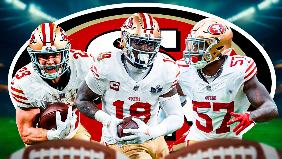 Christian McCaffrey, Deebo Samuel and Dre Greenlaw all in image looking stern, SF 49ers logo, football field in background