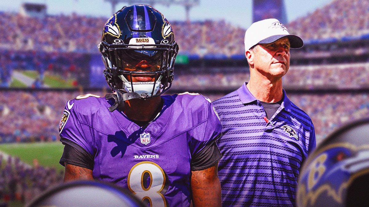 Lamar Jackson and John Harbaugh in Ravens gear