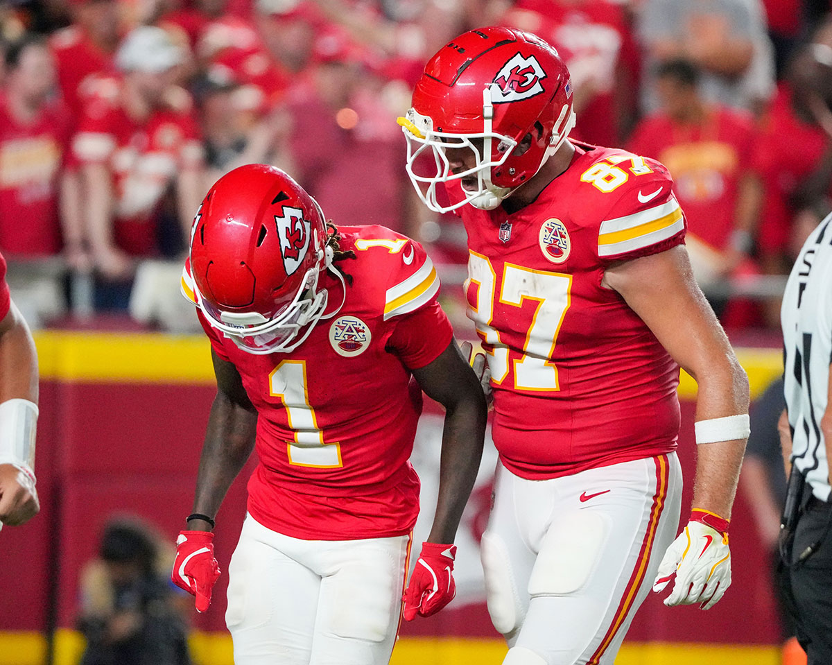 Xavier Worthy and Travis Kelce celebrating a touchdown during the Chiefs' Week 1 game against the Ravens on September 6, 2024.