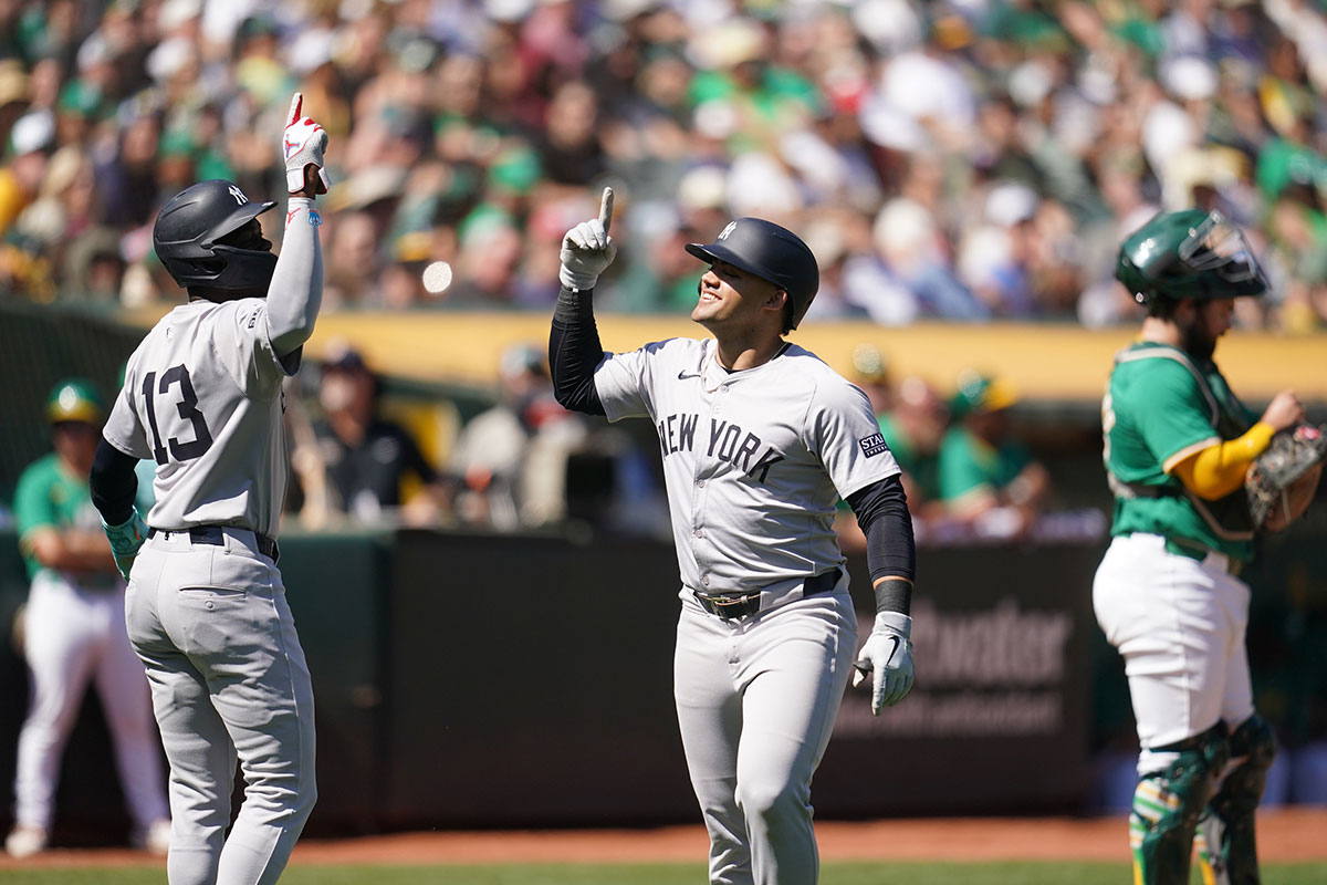 Jazz Chisholm Jr. (13) after hitting a two-run home run against the Oakland Athletics in the second inning at the Oakland-Alameda County Coliseum