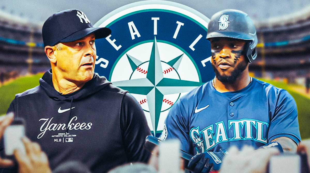 New York Yankees manager Aaron Boone - Seattle Mariners logo, Victor Robles in a Mariners jersey