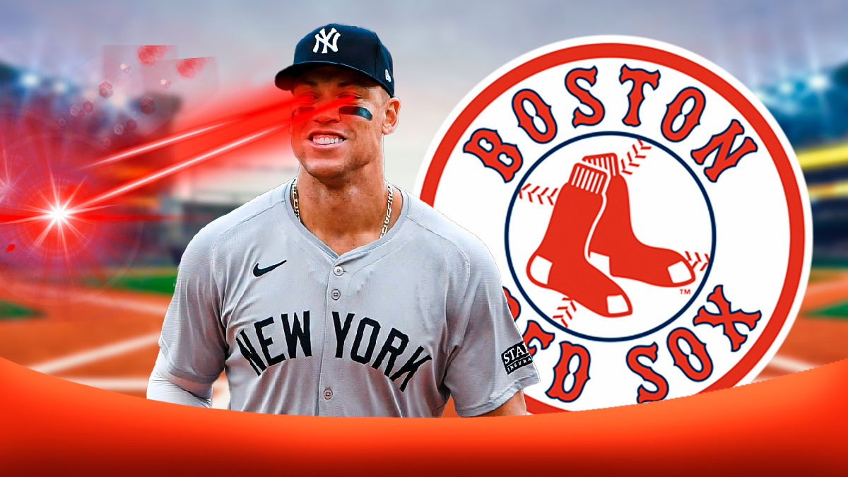 Aaron Judge smiles with laser eyes next to Red Sox logo