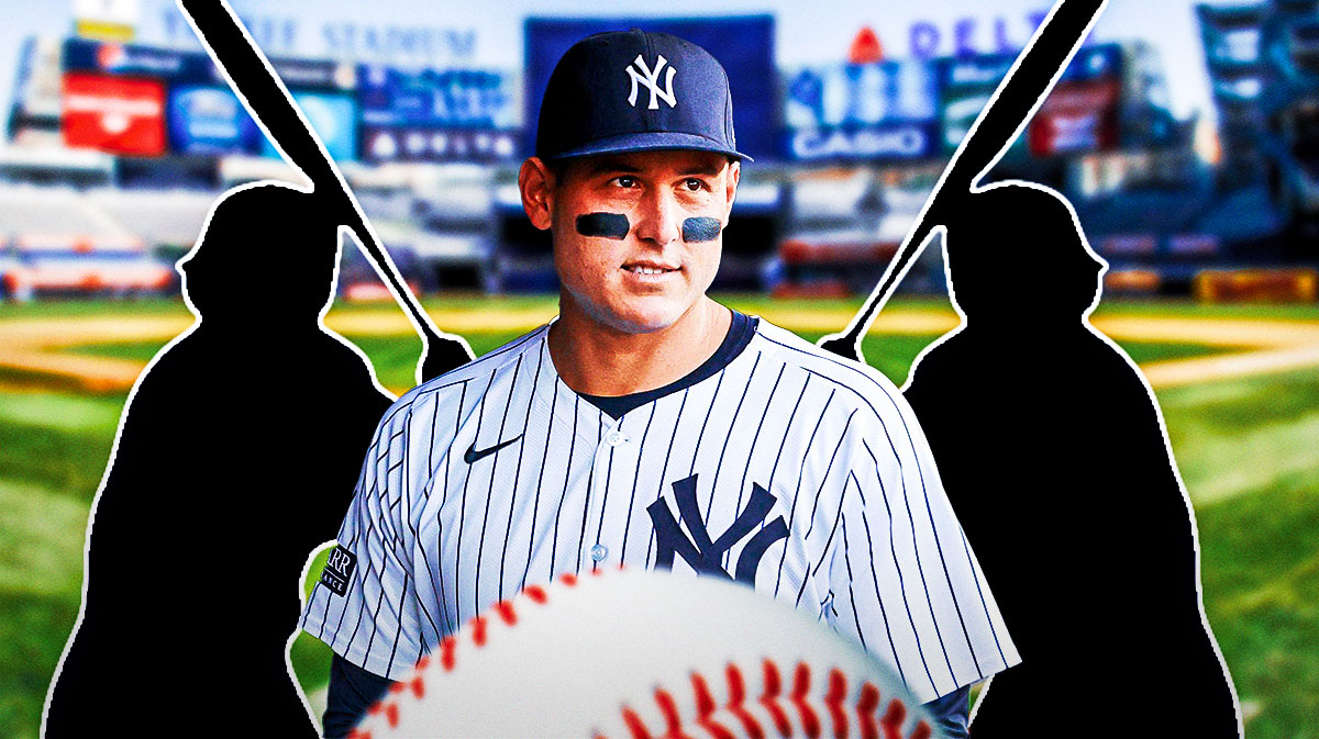 New York Yankees first baseman Anthony Rizzo in center, blank player silhouettes on left and right sides, Yankee Stadium (home stadium of the New York Yankees) in background