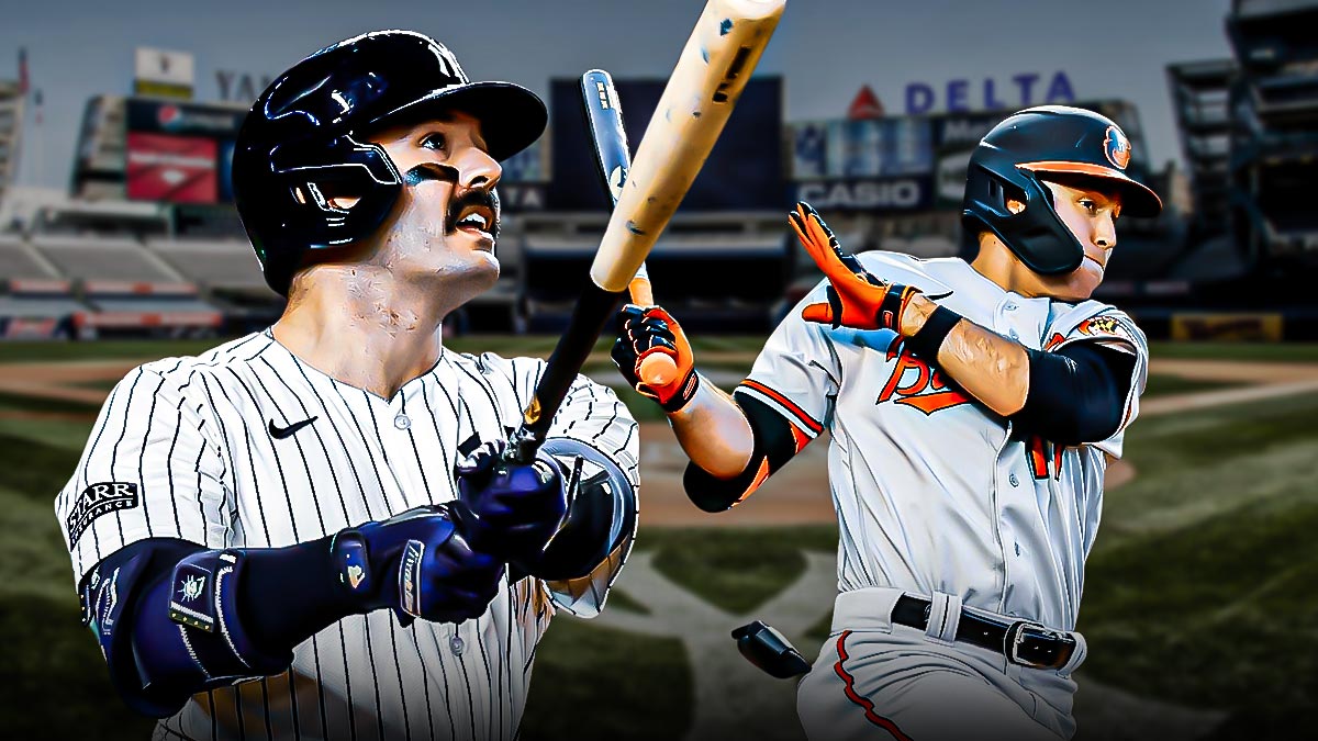 Austin Wells batting in a New York Yankees uniform and Colton Cowser batting in a Baltimore Orioles uniform as Wells has surpassed Cowser as Rookie of the Year frontrunner/betting favorite.
