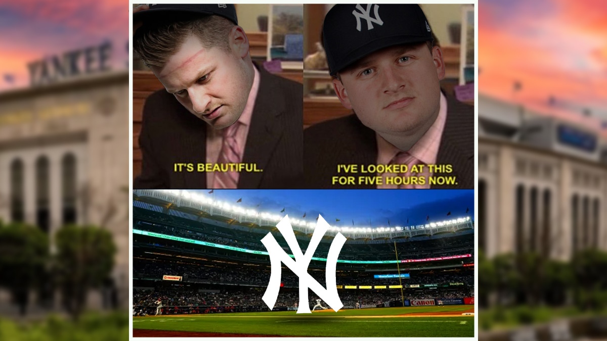 Clarke Schmidt in the it's beautiful i've looked at this for five hours meme, with Yankees logo with Yankee Stadium background in the bottom panel