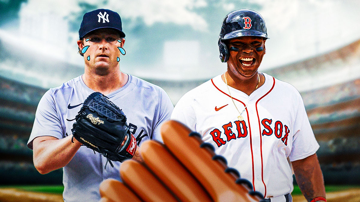 Gerrit Cole cries next to a smiling Rafael Devers