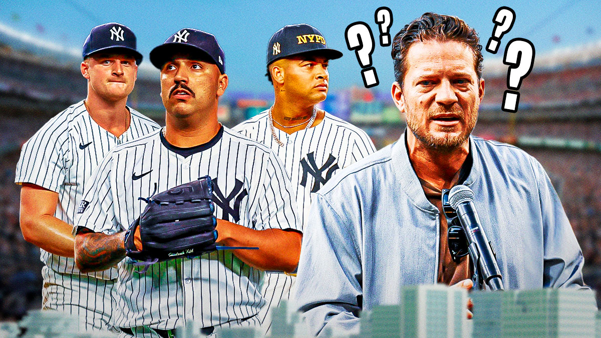 MLB pitcher Jake Peavy with question marks all around him, and Yankees pitchers Nestor Cortes, Luis Gil, and Clarke Schmidt