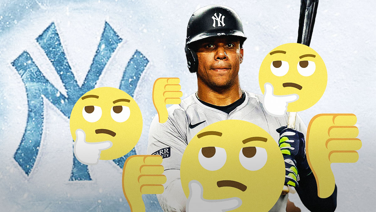 Yankees OF Juan Soto surrounded by thought and thumbs down emojis 🤔👎 next to a Yankees logo covered in ice/cold/snow