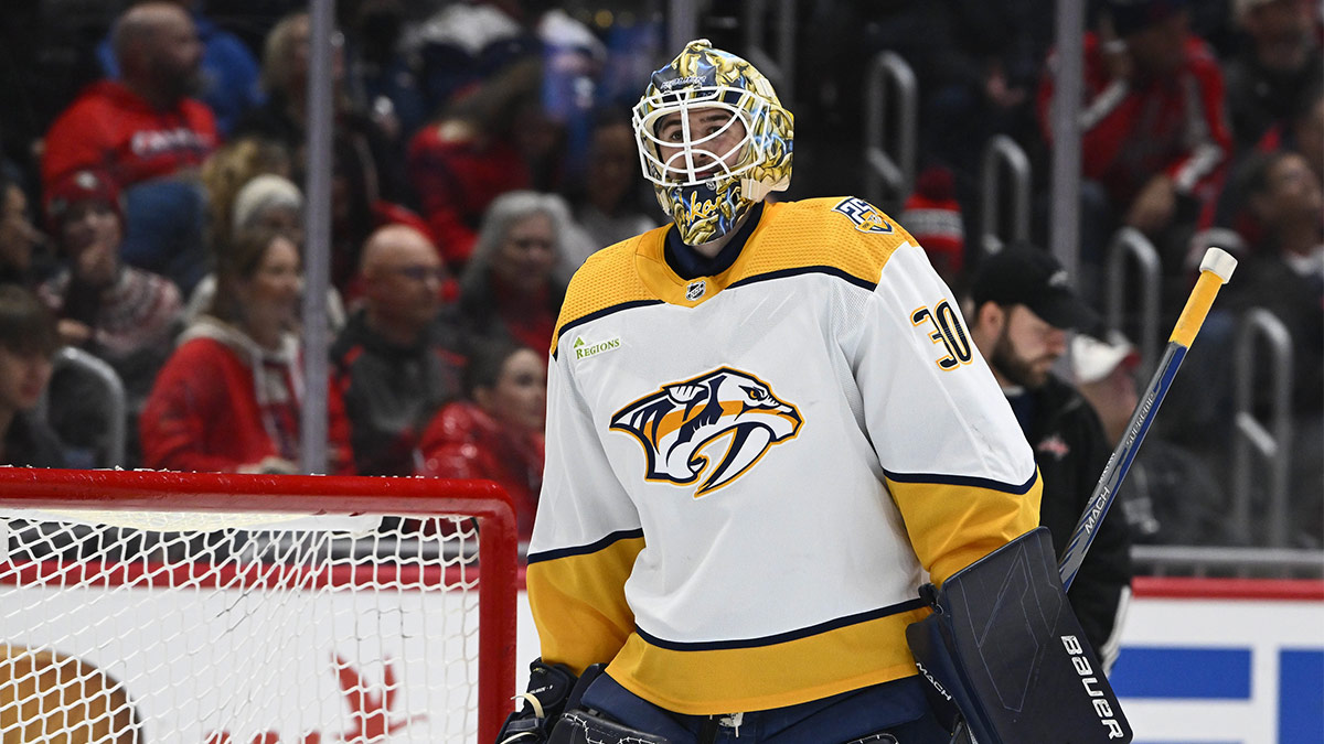 Nashville Predators goaltender Yaroslav Askarov (30) on the ice against the Washington Capitals during the first period at Capital One Arena.